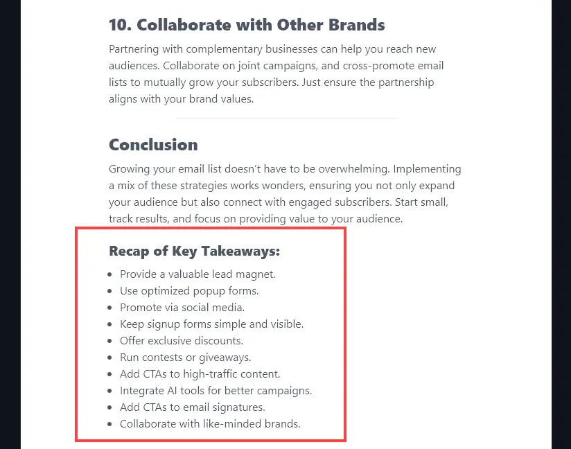 The Listicle Writer Tool Taking Additional Instructions Into Account by Producing a List of Key Takeaways
