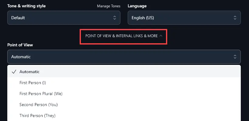 Opening the Additional Options for the Listicle Writer Tool