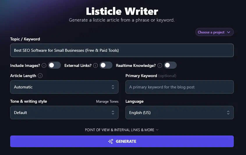 Using a More Specific Topic/Keyword for the Listicle Writer Tool: Best SEO Software for Small Businesses (Free & Paid Tools)