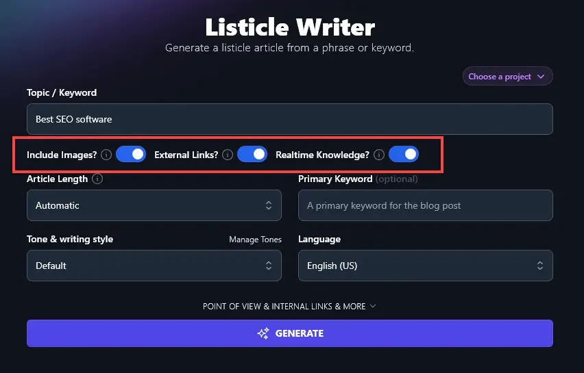 Toggling Options On and Off for the AI Listicle Writer Tool (Include Images, External Links, Realtime Knowledge)