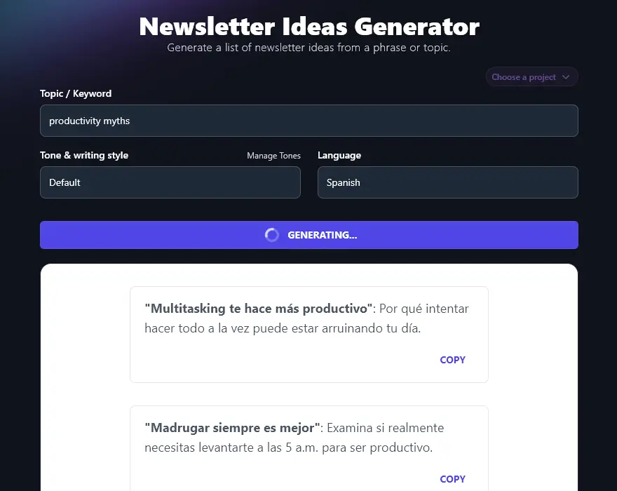 Generating a Newsletter Idea in Spanish Using the Newsletter Idea AI Tool