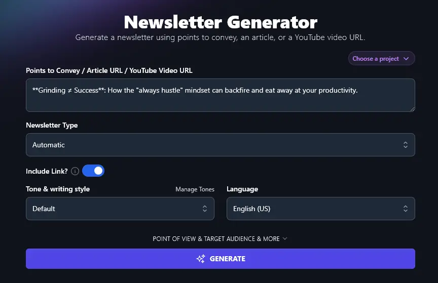 The Newsletter Generator Tool Populated With Information From Your Chosen Newsletter Idea