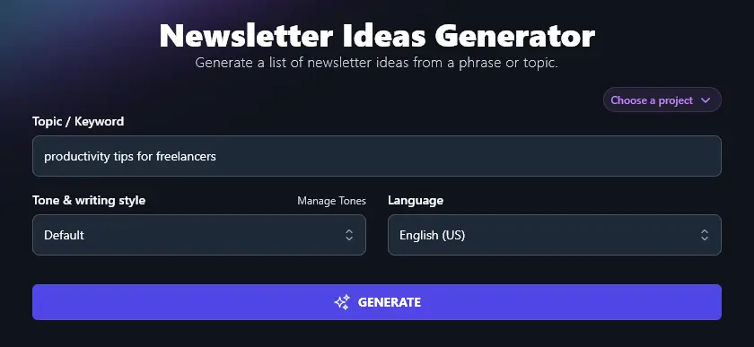 Entering a Topic/Keyword Into the RightBlogger Newsletter Ideas Generator