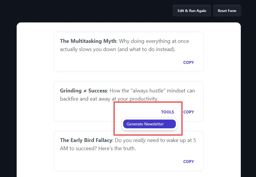 Using the Tools link and the Generate Newsletter Button Directly From the Newsletter Ideas Tool