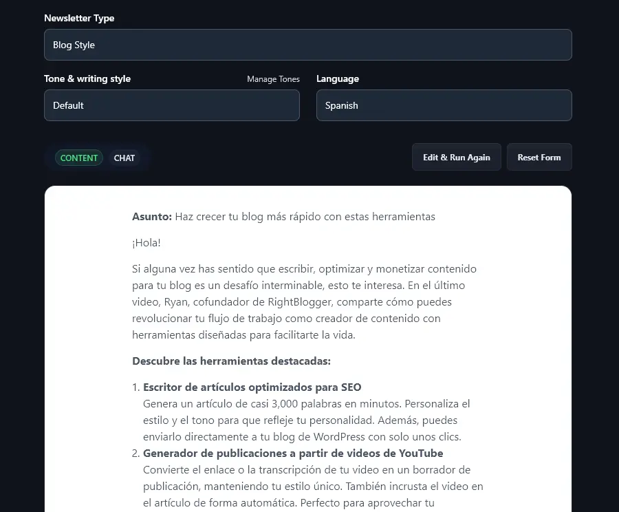 Generating a Newsletter in Spanish Using the AI Newsletter Tool