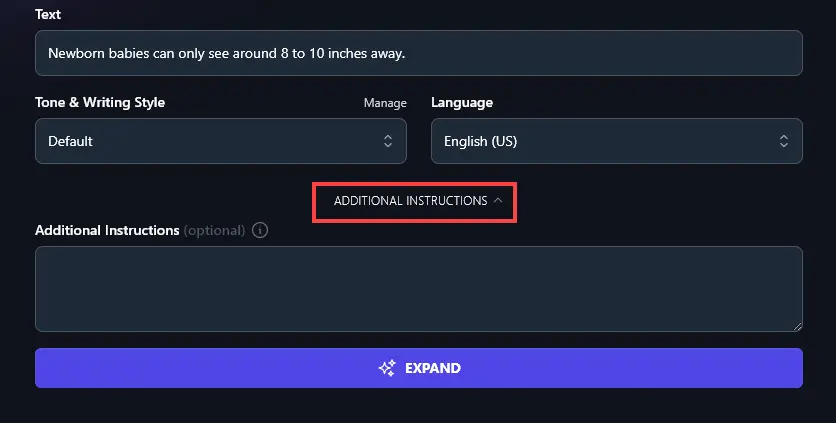 Including Additional Instructions for the AI Expand Text Tool
