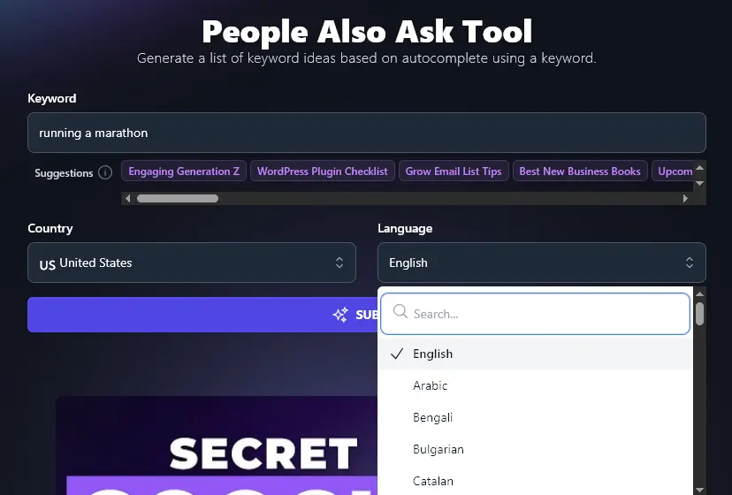 Selecting a Language for the People Also Ask Tool