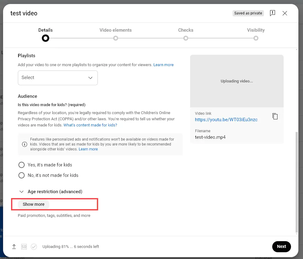 Viewing Your Video Details and Clicking the Show More Button (in YouTube Studio)