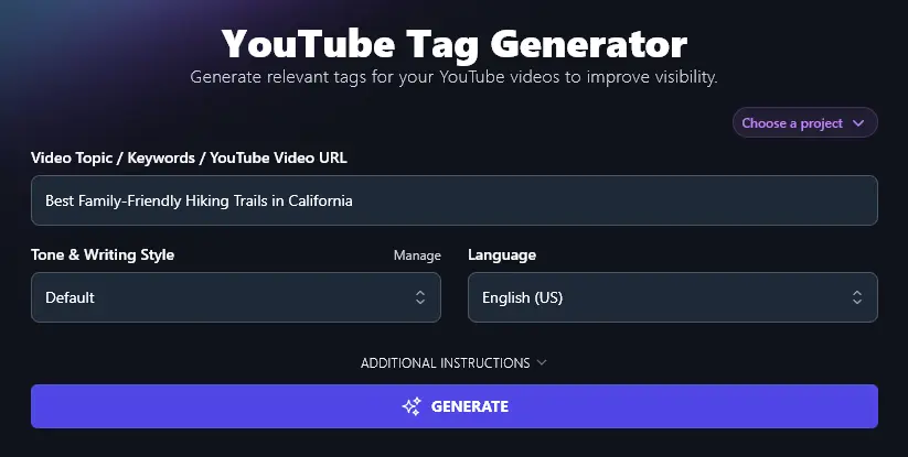 Entering a Video Title Into the AI YouTube Tag Generator