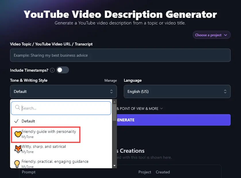Selecting the Custom MyTone From the Tone & Writing Style Dropdown in the AI Video Description Generator Tool