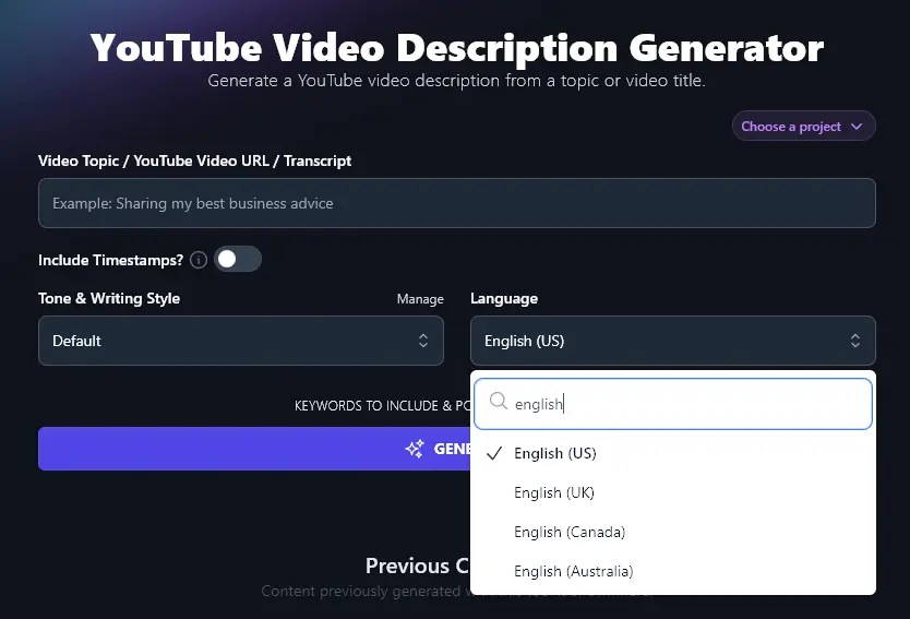 Selecting from Different Varieties for English to Use With the AI Video Description Generator