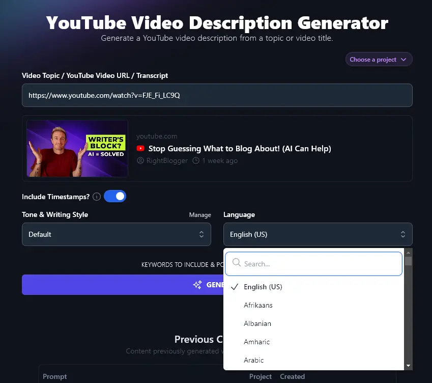 Picking a Language for the AI YouTube Video Description Generator to Generate a Description In