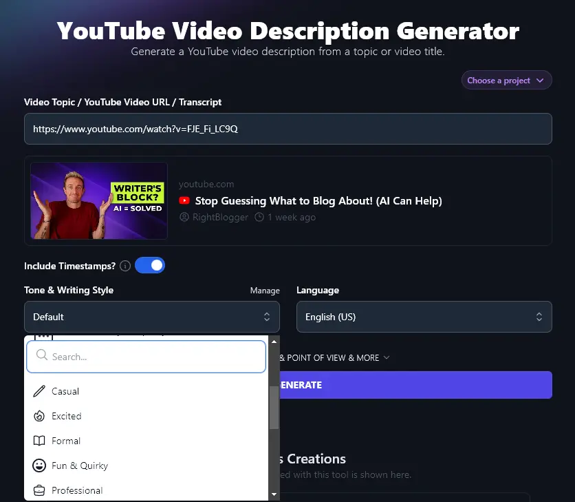 Selecting a Tone / Writing Style for the AI YouTube Video Description Generator