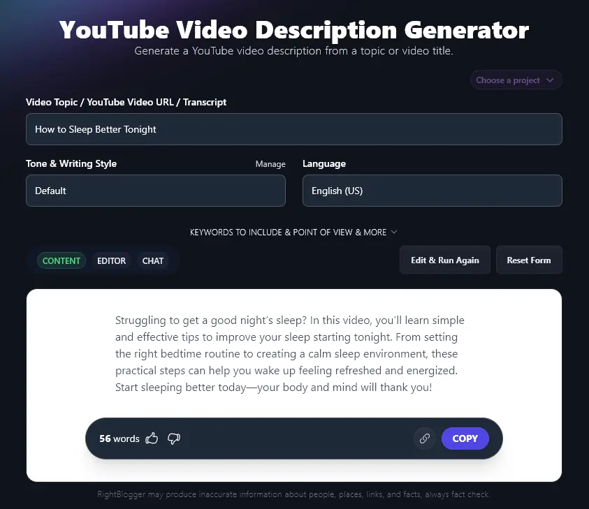 Entering a Topic Into the AI YouTube Description Generator