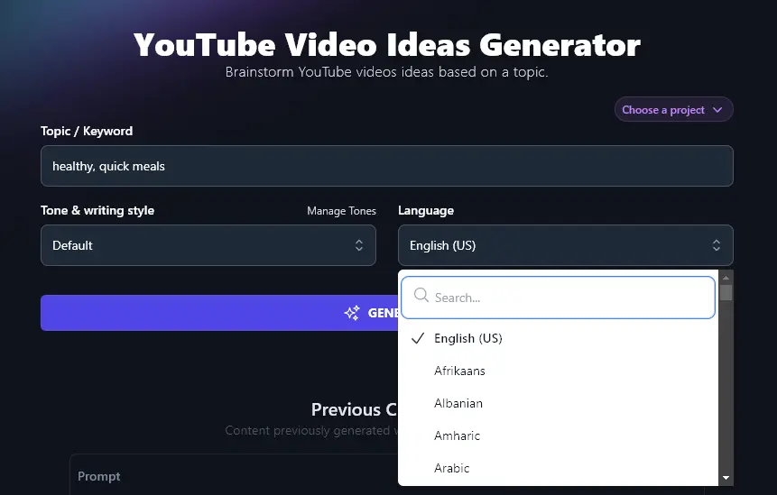 Picking an Output Language for the AI YouTube Video Ideas Generator