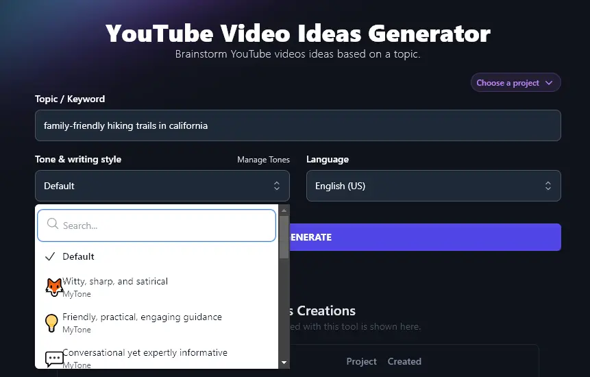 Choosing a Custom MyTone from the Tone & Writing Style Dropdown in the AI YouTube Video Ideas Generator