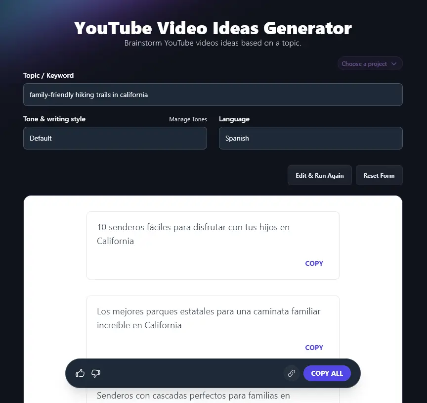 Generating Video Ideas in Spanish With the AI YouTube Ideas Generator