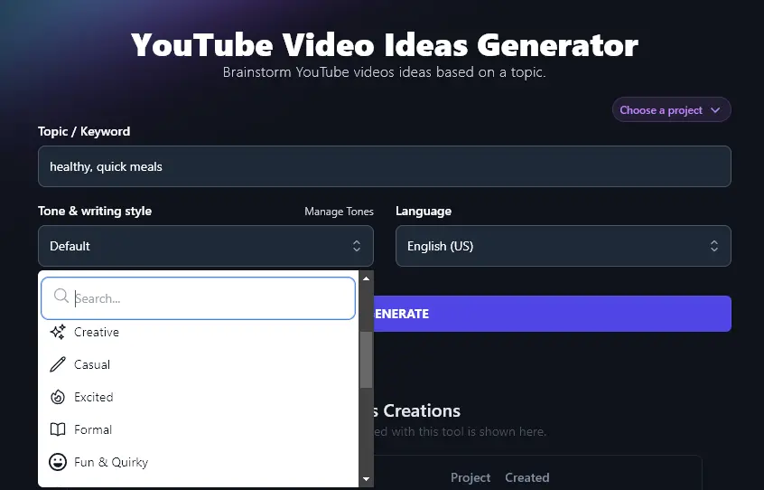 Selecting a Tone & Writing Style for the AI YouTube Video Ideas Generator