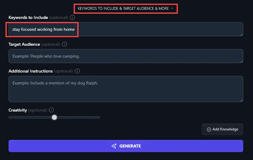 Adding a Keyword to Include for the YouTube Title Generator