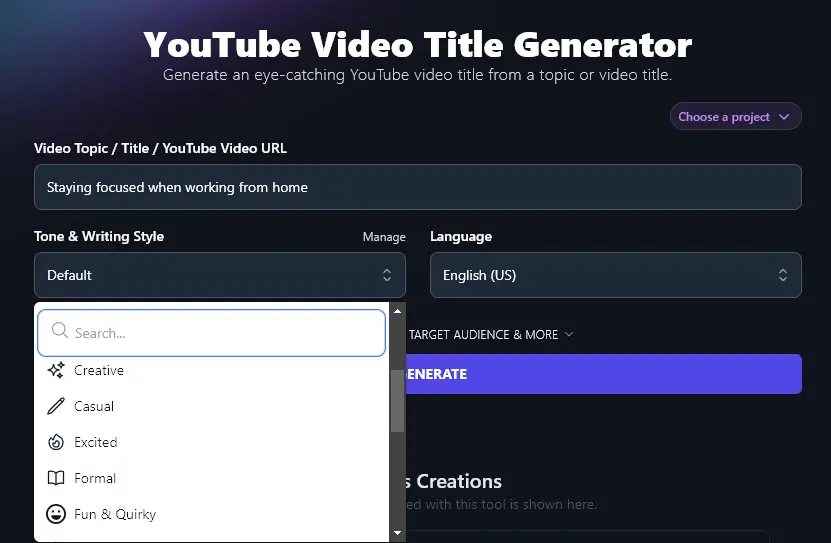 Selecting Your Tone and Writing Style for the AI YouTube Video Title Generator