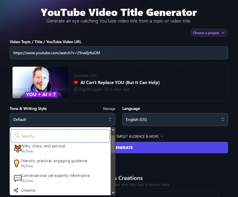 Using a Custom MyTone in the AI YouTube Video Title Generator
