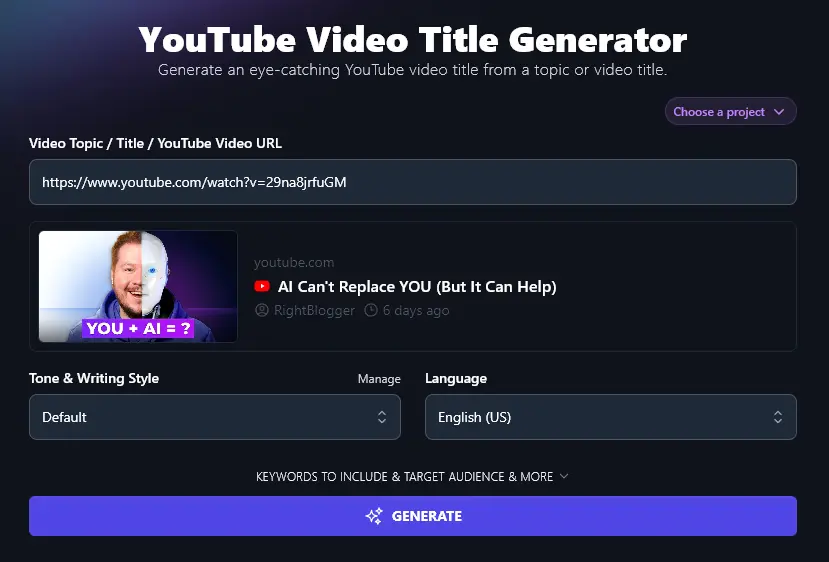Entering an Existing YouTube Video URL Into the AI YouTube Video Title Generator