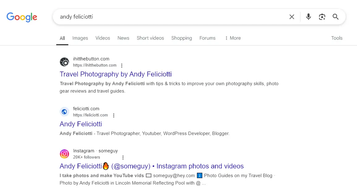 An Example of Google Search Results for Andy Feliciotti (Instagram Bio Shows Up as the Third Result)