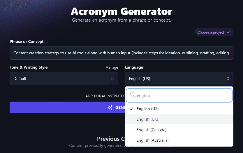 Selecting a Different Variety of English Using the AI Acronym Generator Tool
