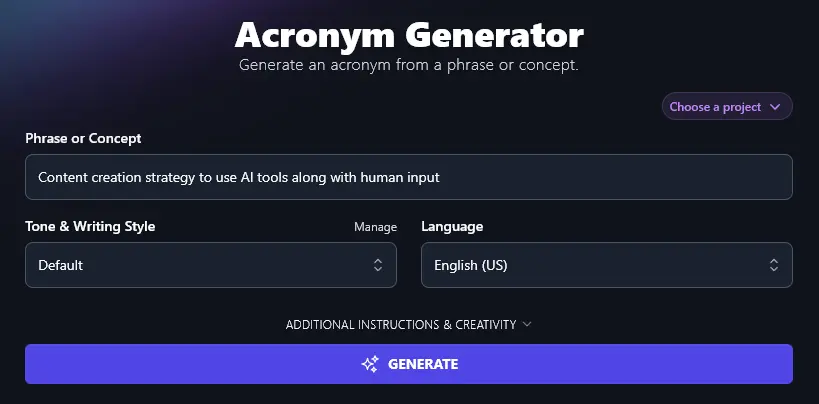 Entering a Phrase or Concept for Your Acronym in the Acronym Generator Tool