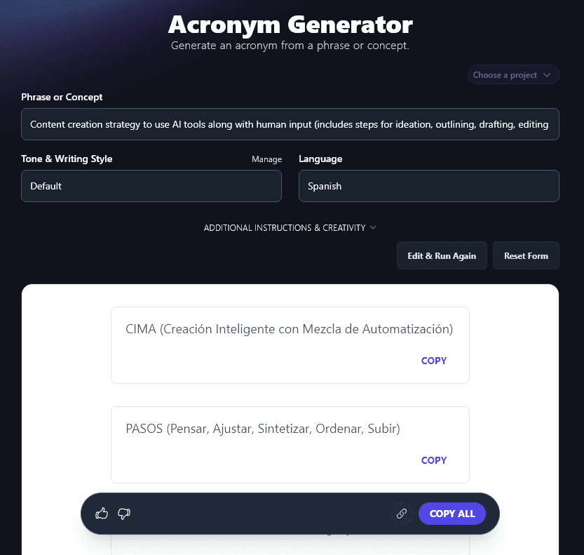 Acronymns Generated in Spanish Using the AI Acronym Tool