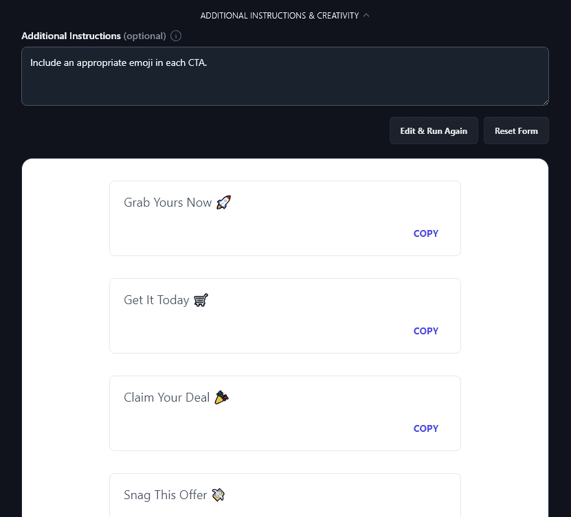 Giving Additional Instructions to the CTA Generator Tool (e.g. to Include Emojis in Each CTA Option)