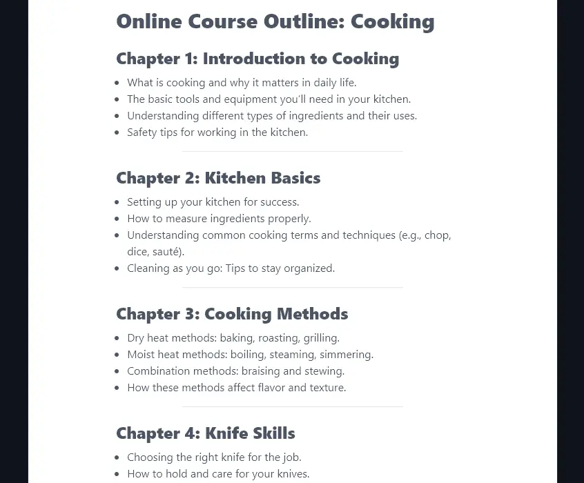 An Outline Produced for the Very General Topic 'Cooking'
