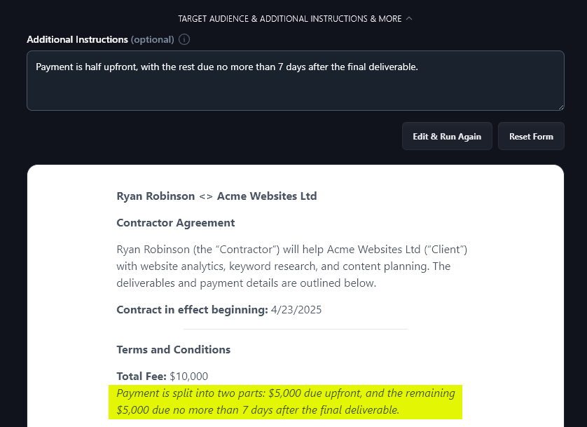 The AI Has Incorporated the Additional Information Into the Generated Contract