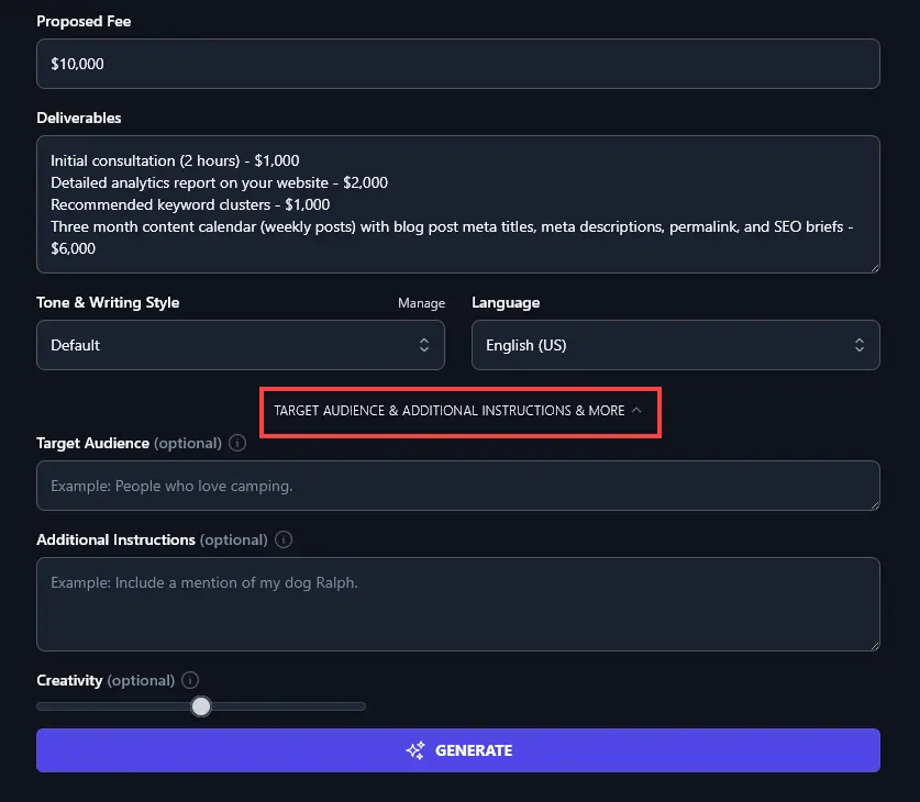 The Target Audience & Additionals Instructions & More Link (Indicated in Red) to Open the Advanced Options for the Freelance Contract Generator