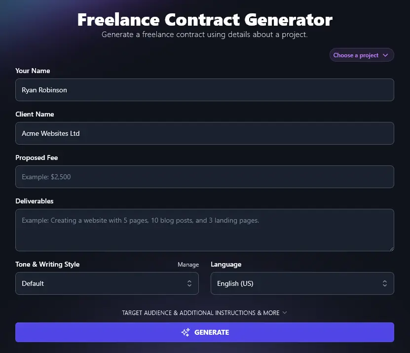 Entering Your Client's Name Into the Freelance Contract Generator
