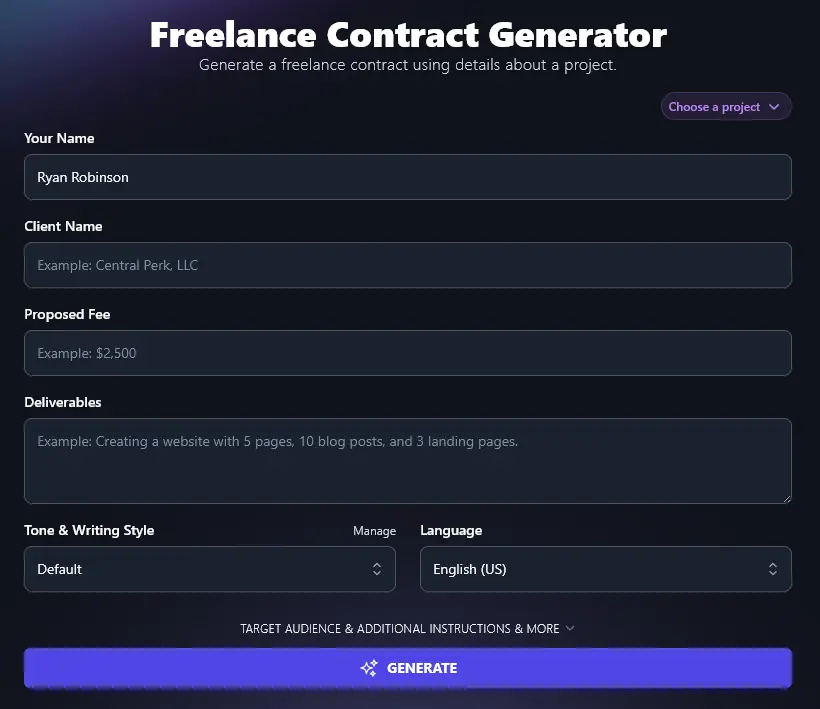 Entering Your Name Into the Freelance Contract Generator