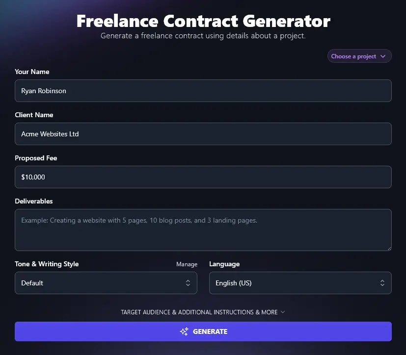 Entering Your Proposed Fee into the Freelance Contract Generator (Total Fee for Whole Project)