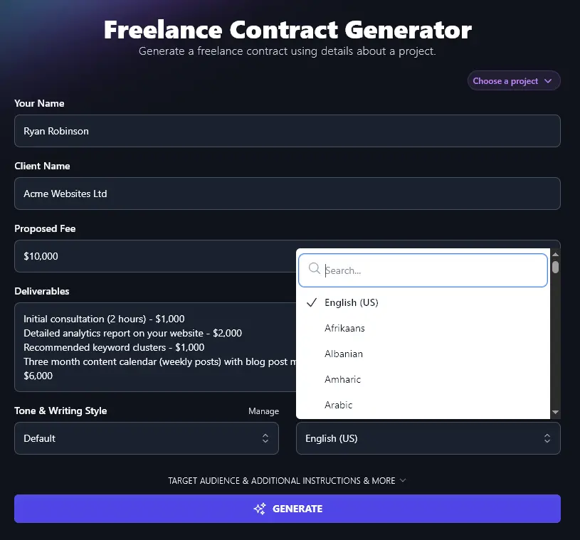 Selecting a Language in the Freelance Contract Generator Tool