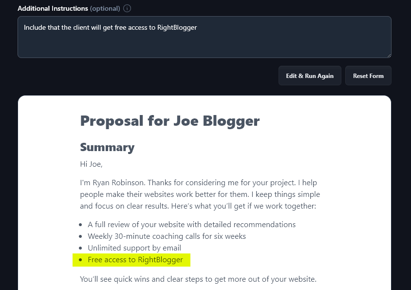 Giving the AI Additional Information to Include in Your Freelance Proposal