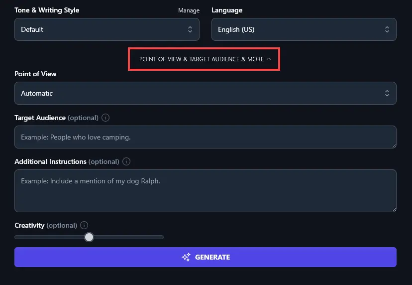 The Point of View & Target Audience & More Link (Click to Open the Advanced Options for the Freelance Proposal Tool)