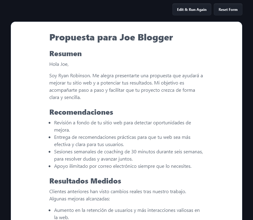 A Freelance Proposal Generated in Spanish