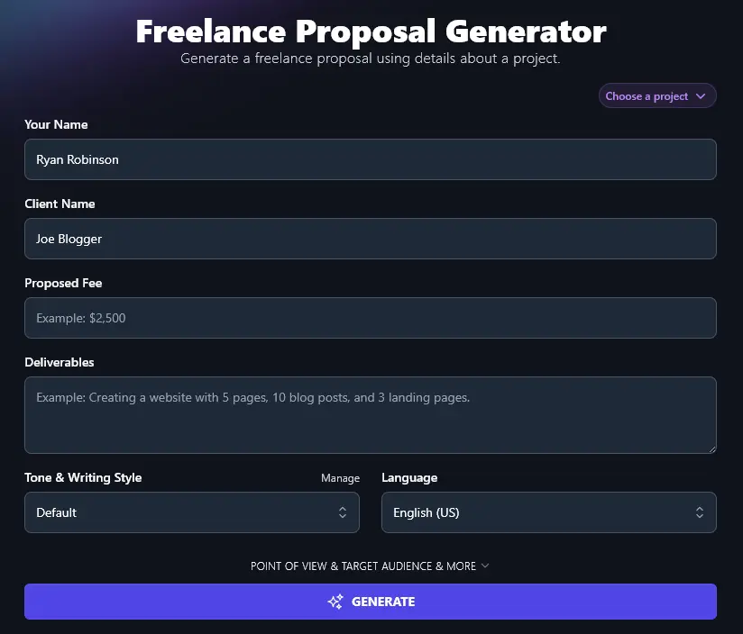 Entering Your Client's Name into the Freelance Proposal Generator