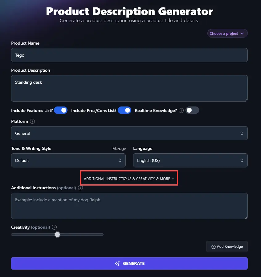 Using the Link to Open Up the Advanced Options in the Product Description Generator