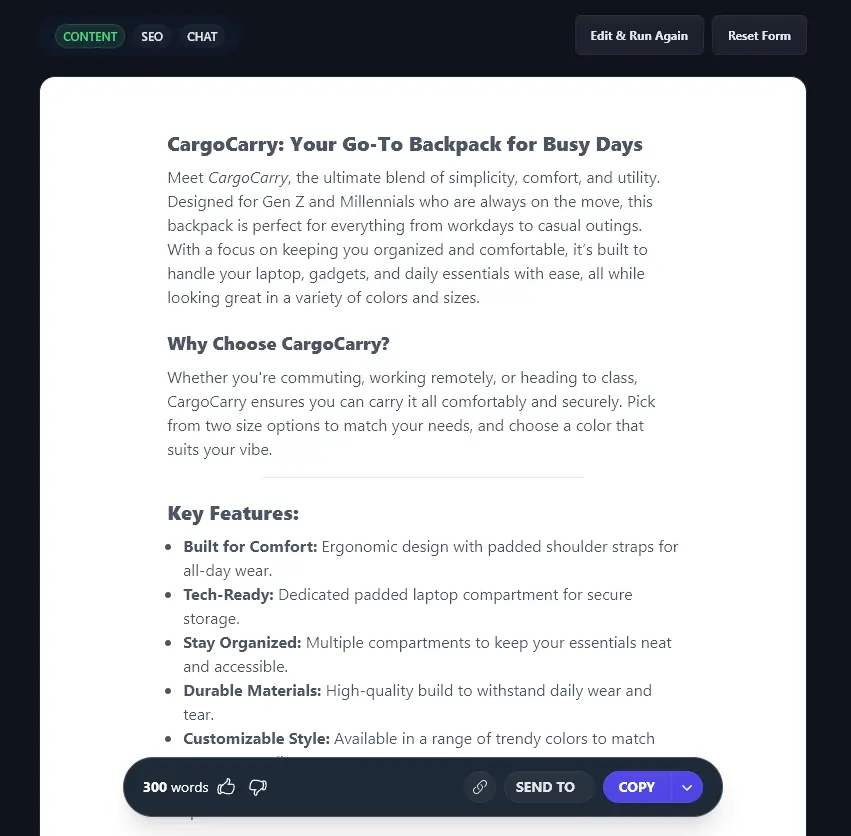 The Generated Product Description (Include Subheadings and Bullet Points)