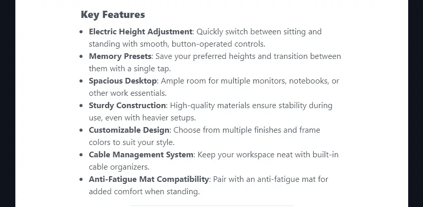 A List of Key Features, Formatted as Bullet Points by the Product Description Generator