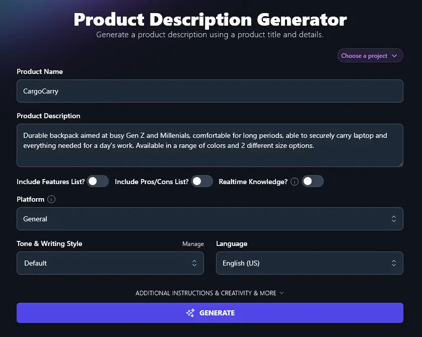 Adding a General Description of Your Product for the Product Description Generator