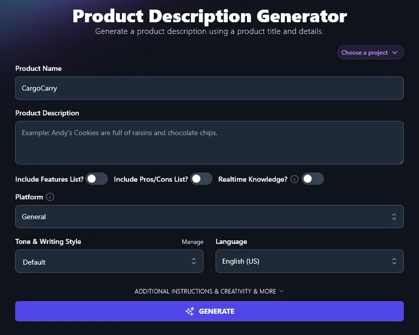 Entering the Name of Your Product into the Product Description Generator