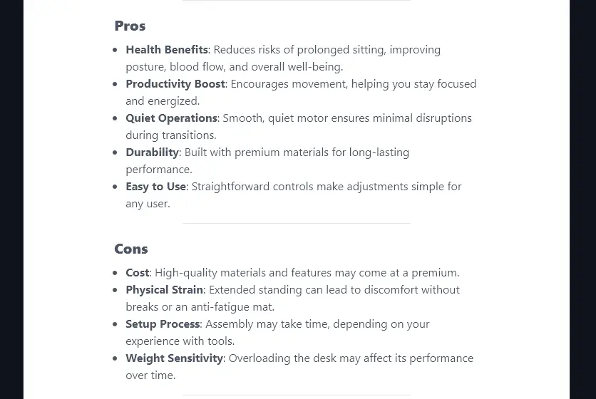 A Pros and Cons List, Formatted with Subheadings and Bullet Points by the AI Product Description Generator