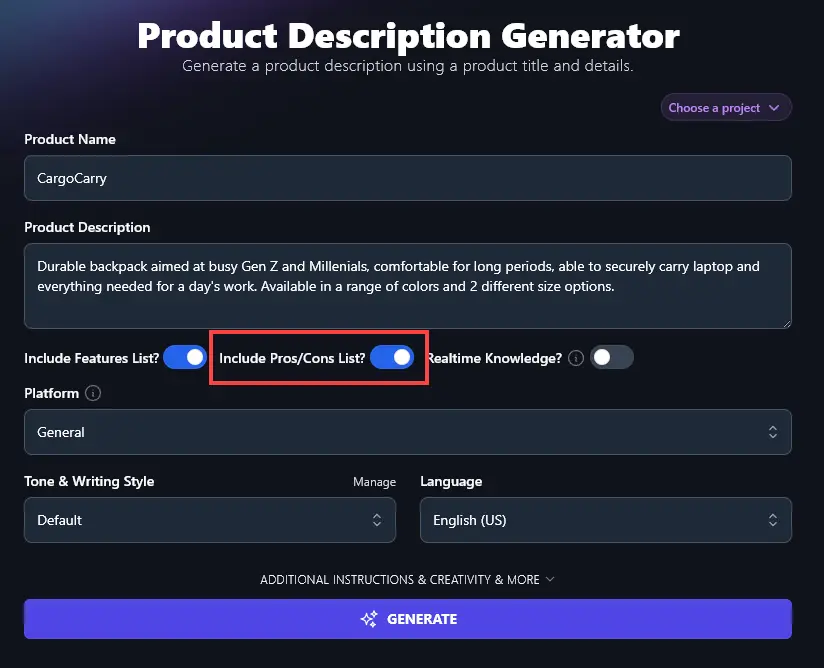 Selecting to Include a Pros and Cons List in Your Product Description