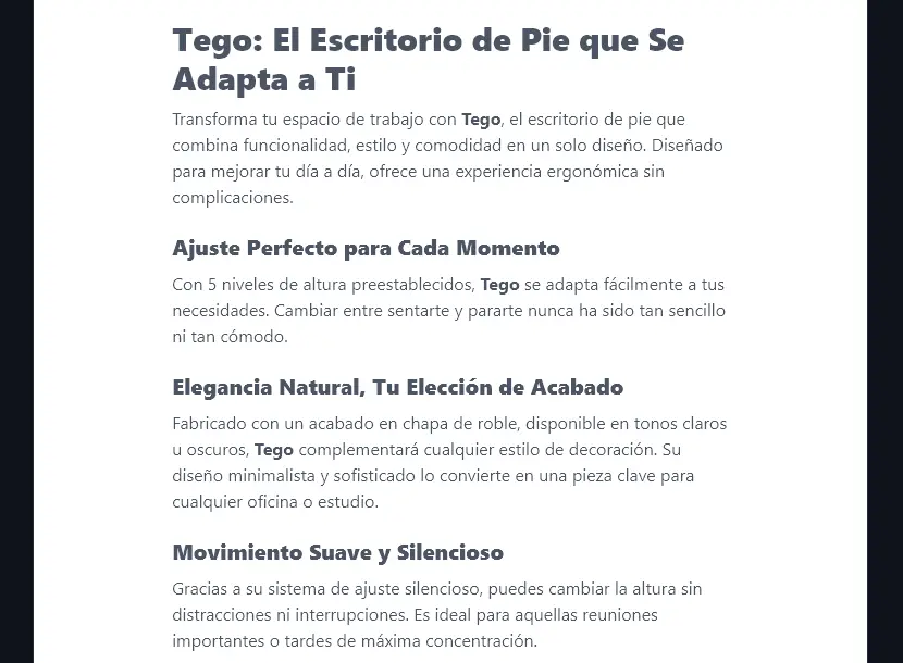 A Spanish Product Description Produced by the Product Description Generator